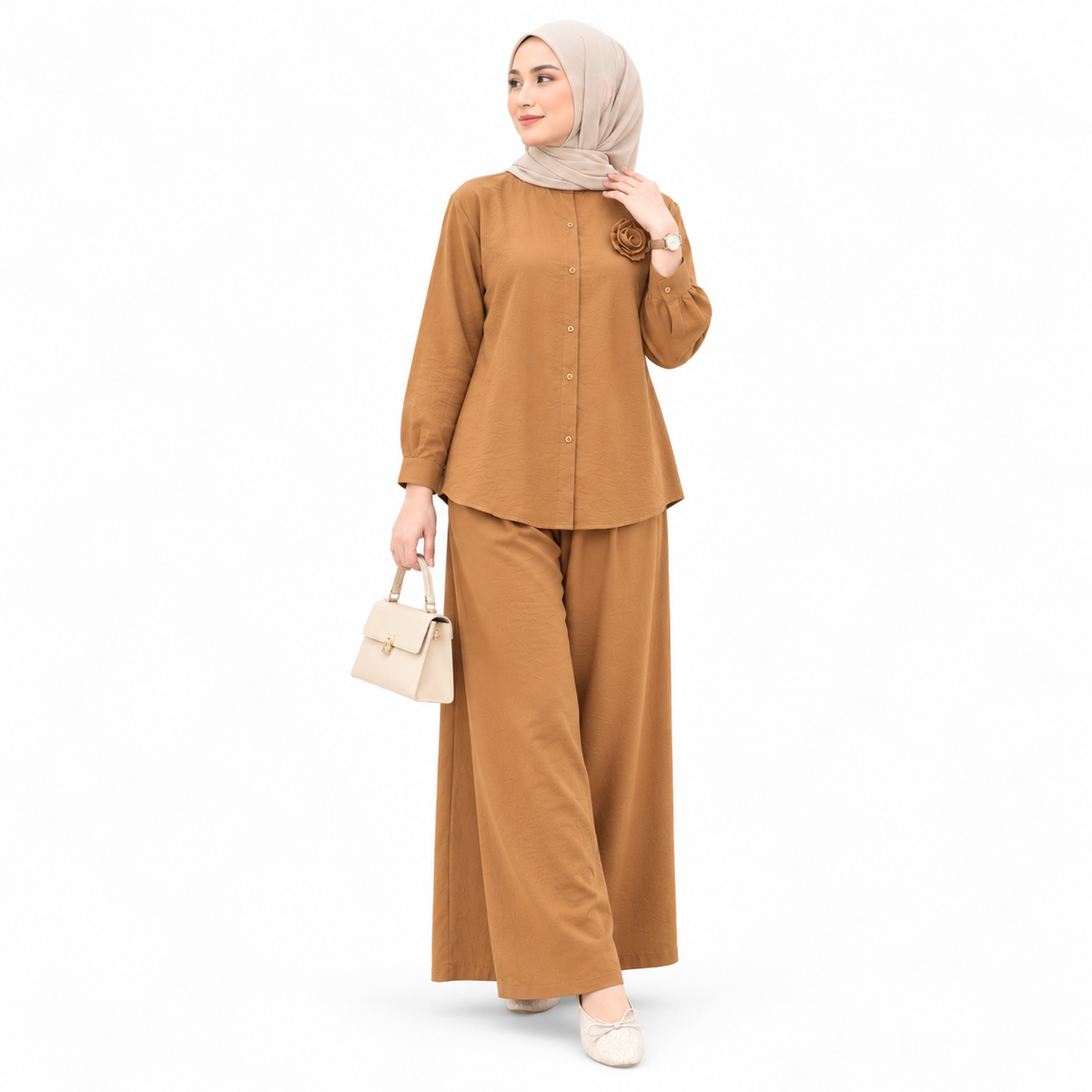 ZOALIN - Textured Rosette Shirt & Pants Set - Brown - front