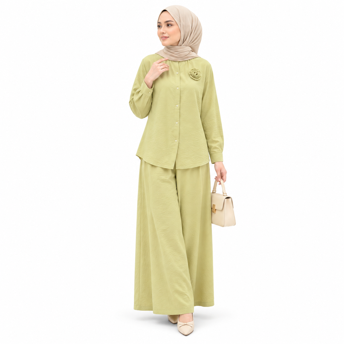 ZOALIN - Textured Rosette Shirt & Pants Set - Yellow - front