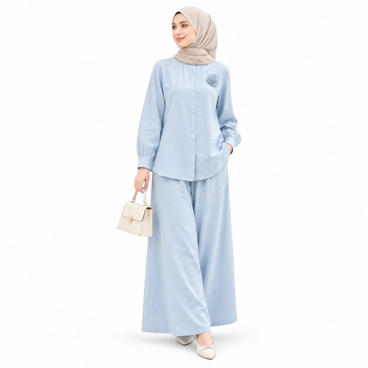 ZOALIN - Textured Rosette Shirt & Pants Set - Sky Blue - front