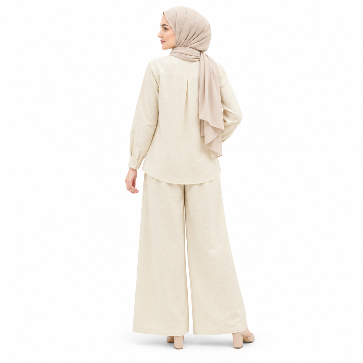 ZOALIN - Textured Rosette Shirt & Pants Set - Apricot - back