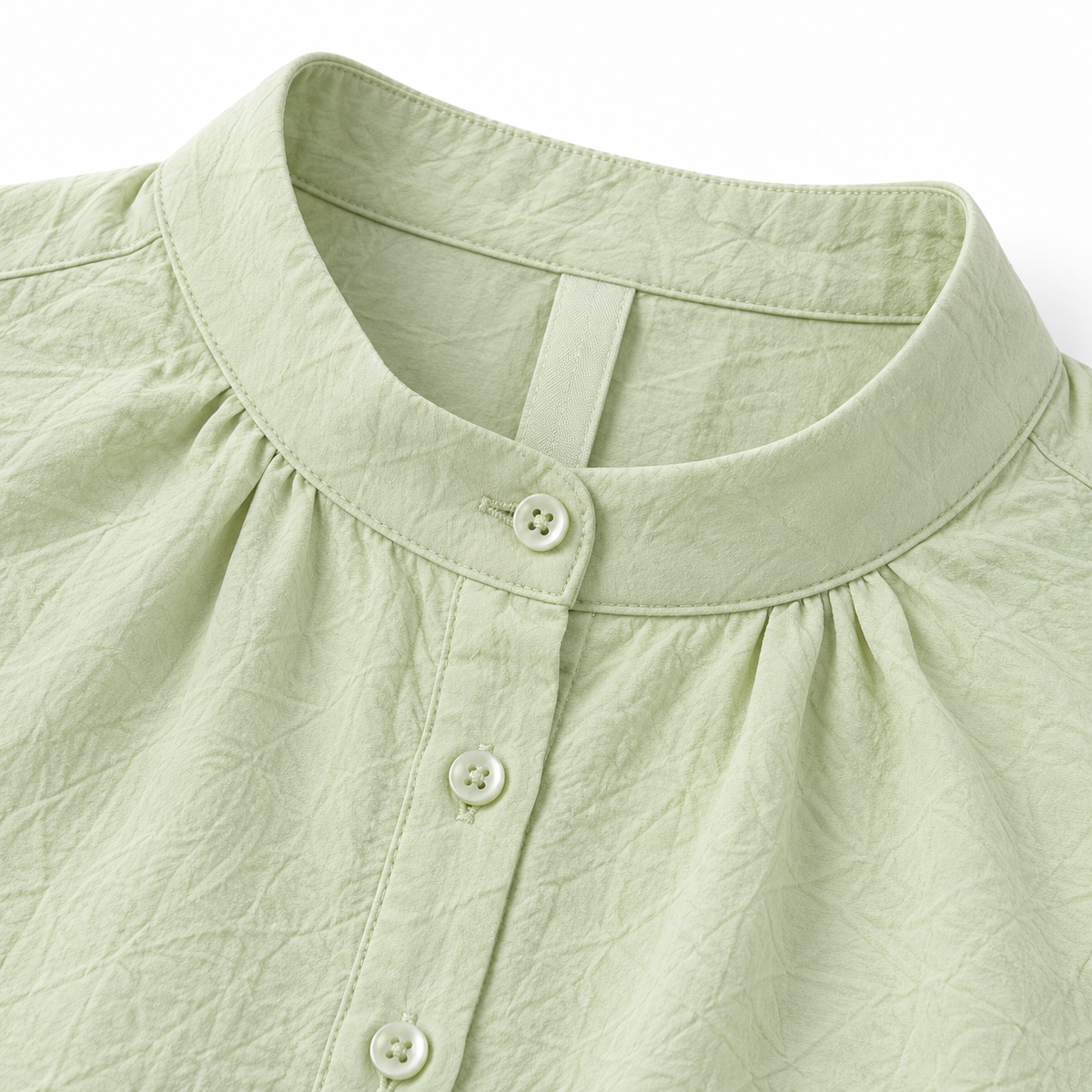 ZOALIN - Textured Rosette Shirt & Pants Set - Light Green - neckline detail
