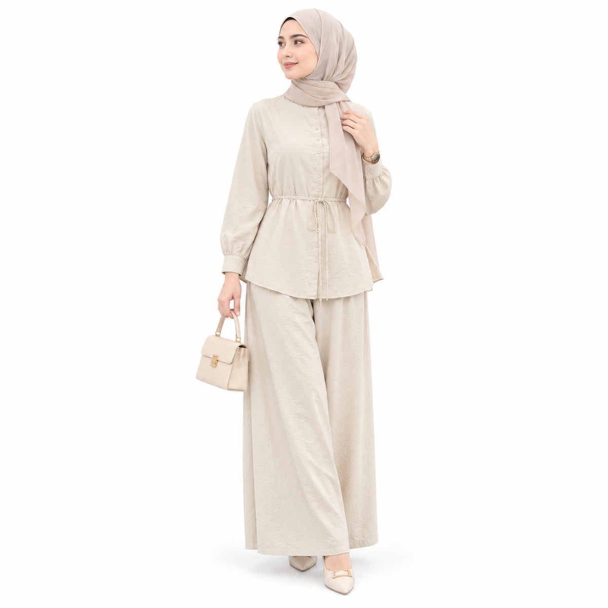 ZOALIN - Textured Tie-Waist Shirt & Pants Set - Cream - front