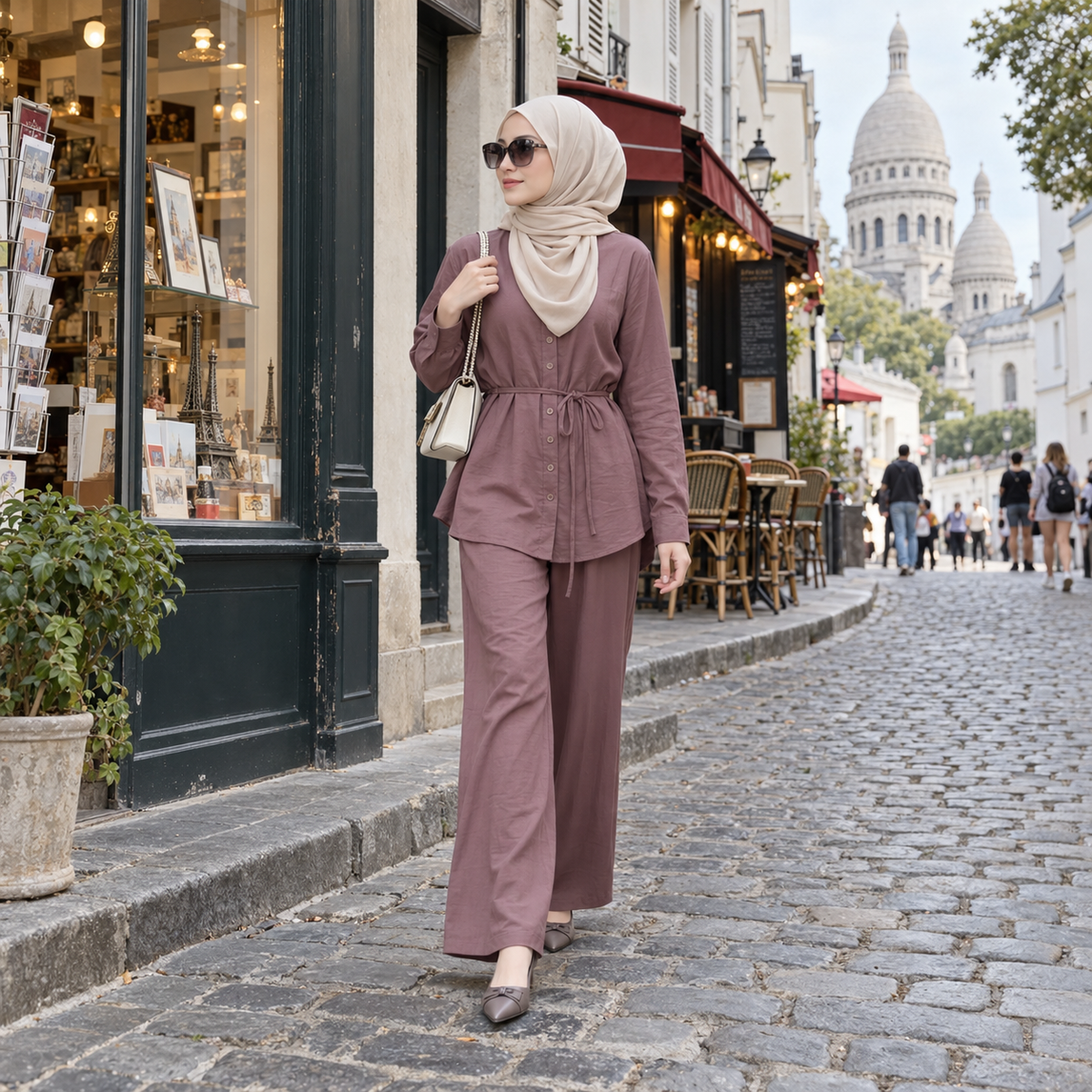 ZOALIN - Textured Tie-Waist Shirt & Pants Set - Mauve - lifestyle