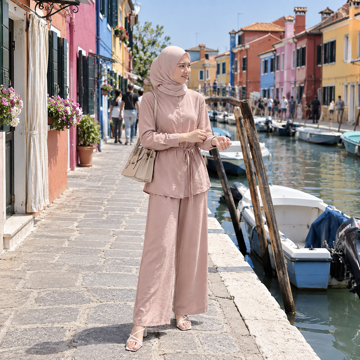 ZOALIN - Textured Tie-Waist Shirt & Pants Set - Pink - lifestyle