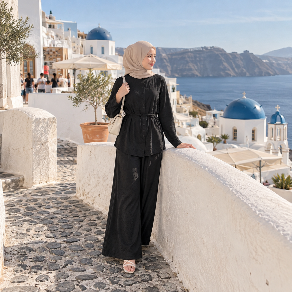 ZOALIN - Textured Tie-Waist Shirt & Pants Set - Black - lifestyle