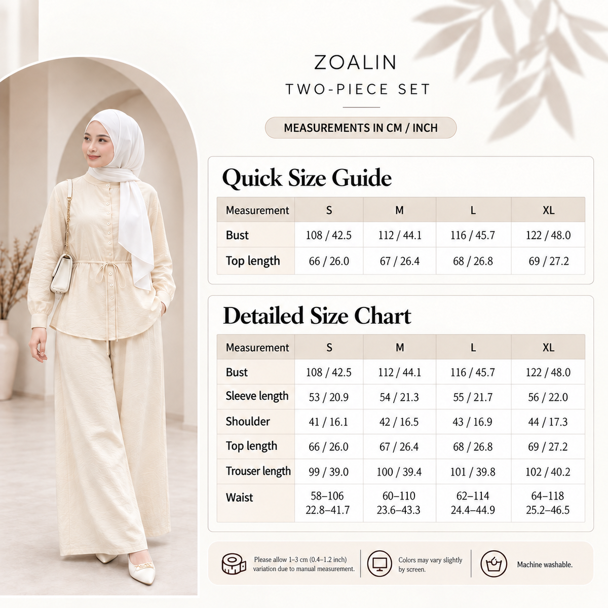 ZOALIN - Textured Tie-Waist Shirt & Pants Set - size chart - centimeters and inches