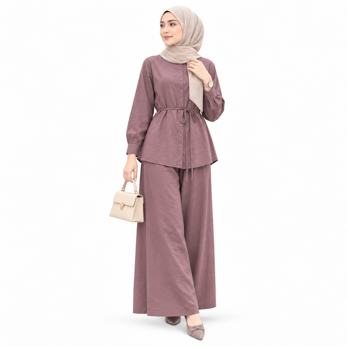 ZOALIN - Textured Tie-Waist Shirt & Pants Set - Mauve - front