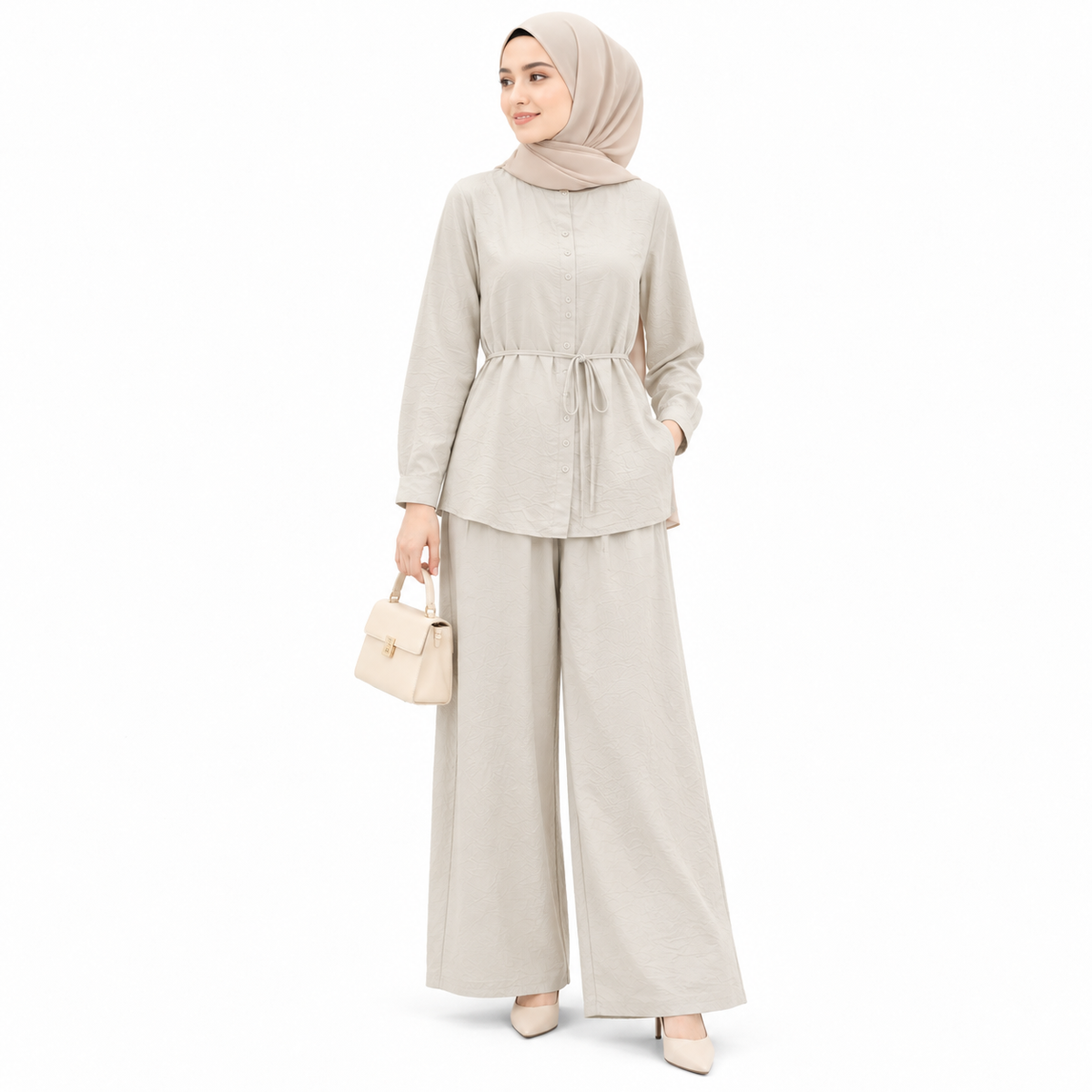 ZOALIN - Textured Tie-Waist Shirt & Pants Set - Soft Gray - front