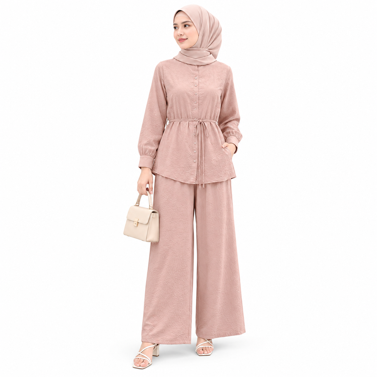 ZOALIN - Textured Tie-Waist Shirt & Pants Set - Pink - front
