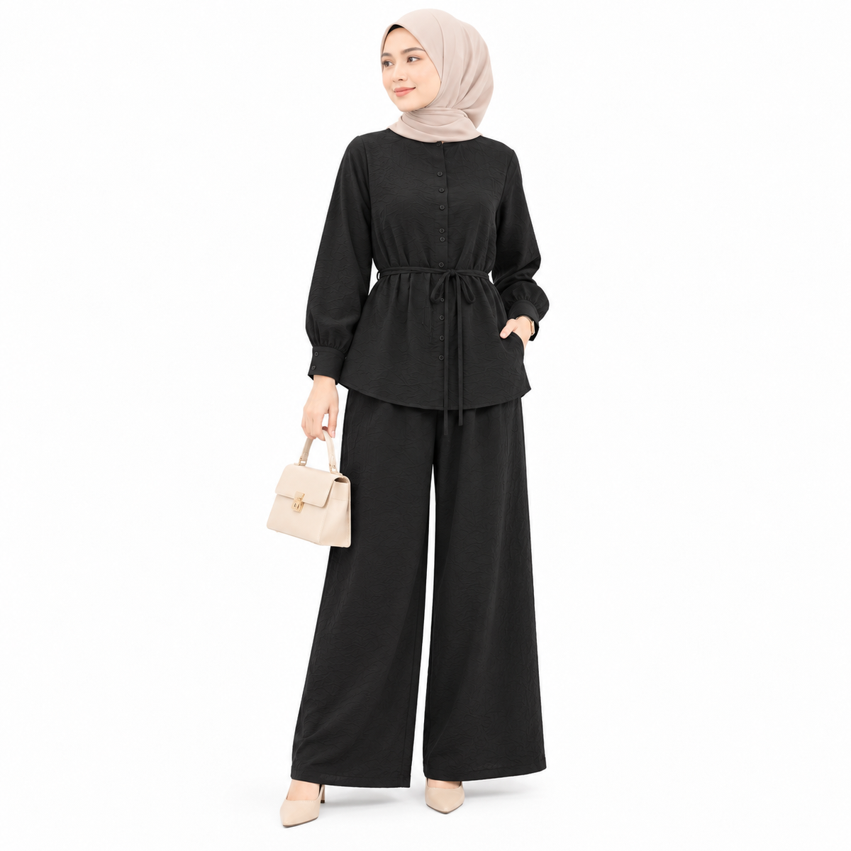 ZOALIN - Textured Tie-Waist Shirt & Pants Set - Black - front
