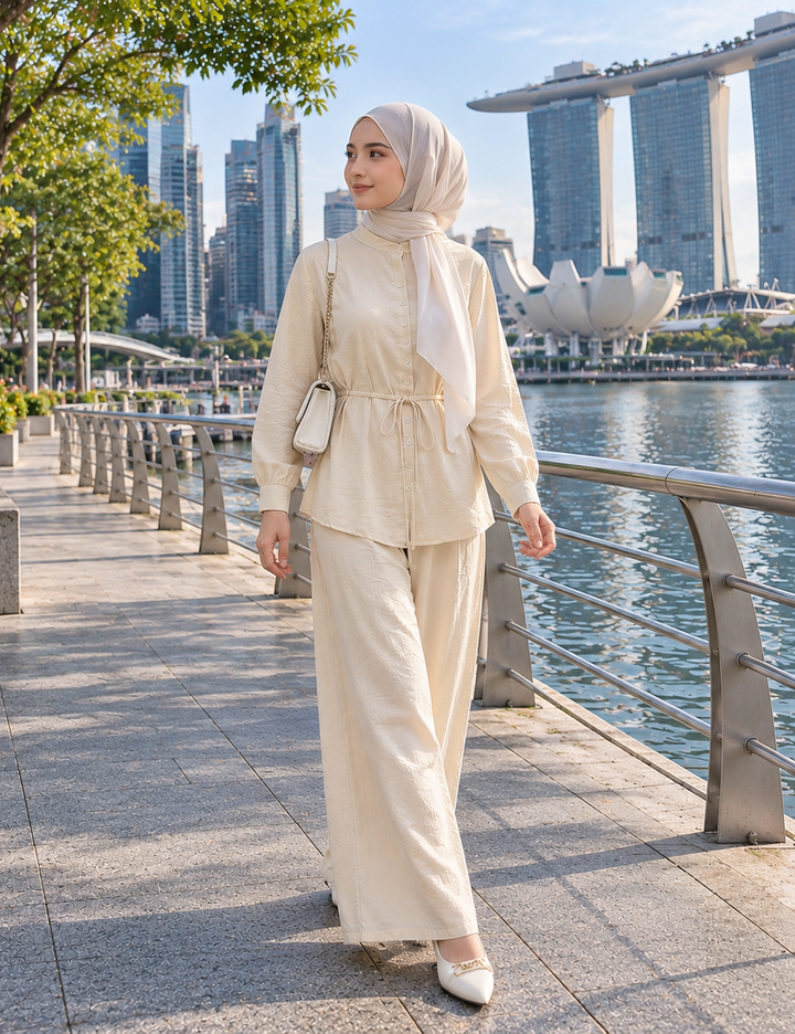 Completo camicia testurizzata con laccio e pantaloni