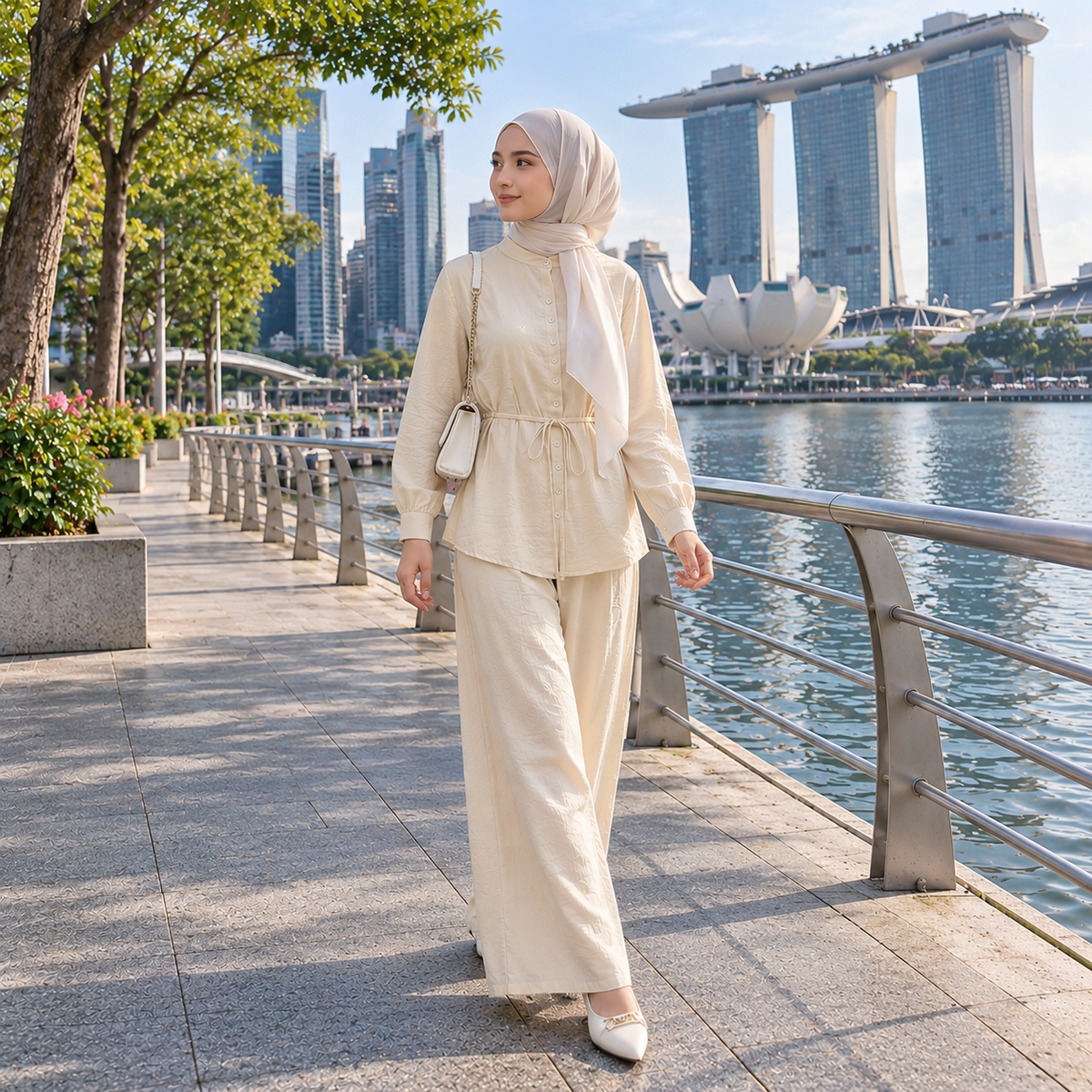 ZOALIN - Textured Tie-Waist Shirt & Pants Set - Cream - lifestyle