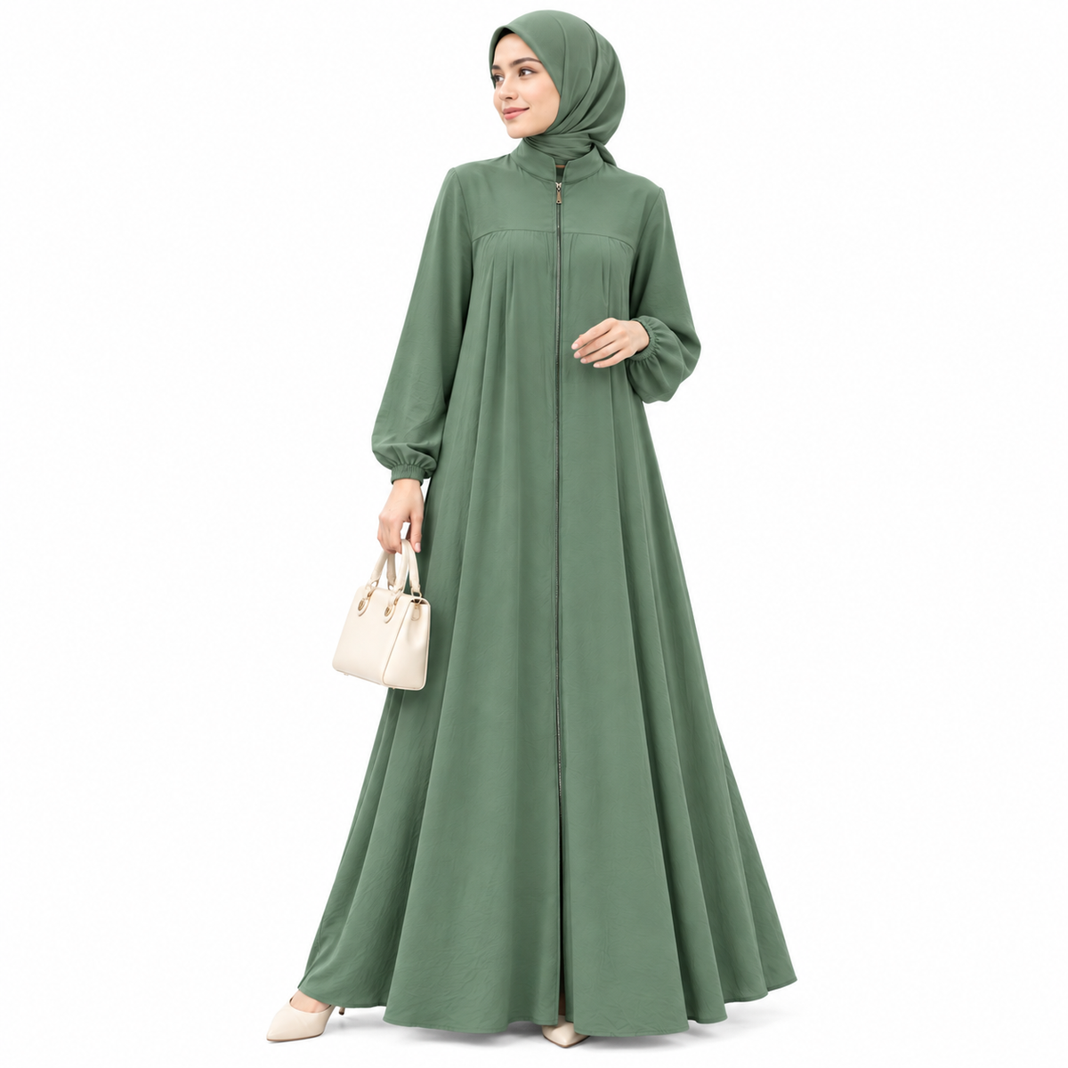 ZOALIN - Zip-Front Abaya - Sage Green - front