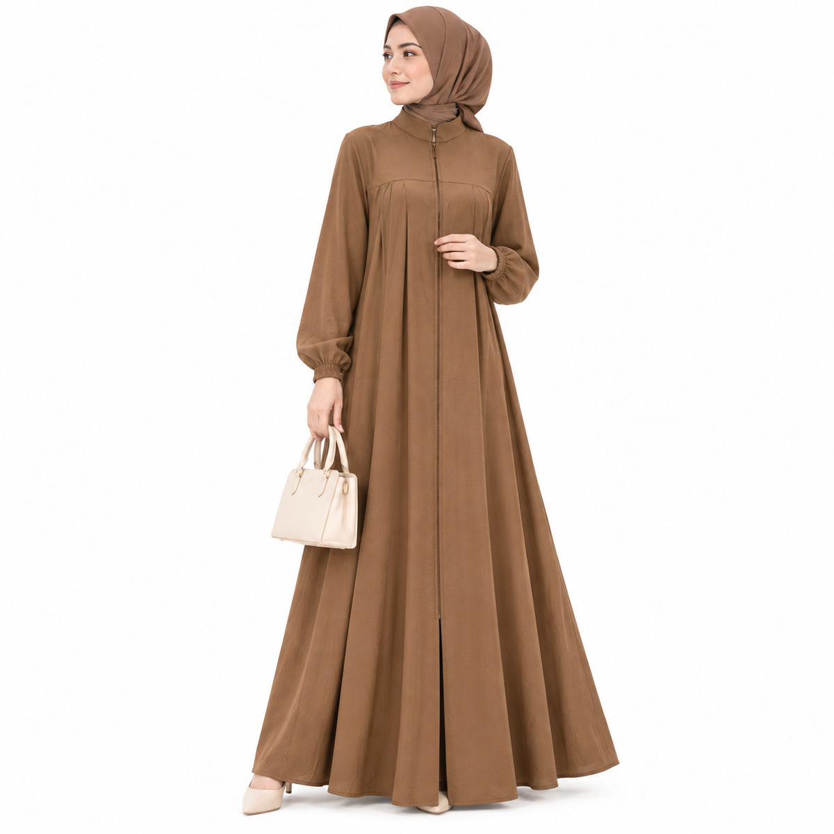 ZOALIN - Zip-Front Abaya - Brown - front