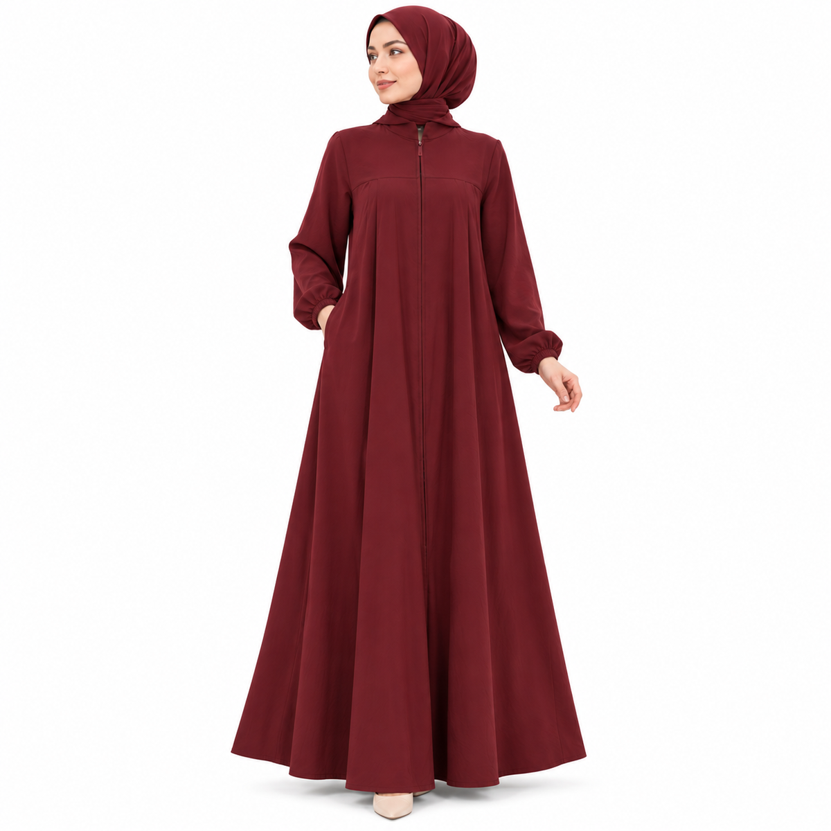 ZOALIN - Zip-Front Abaya - Burgundy - front