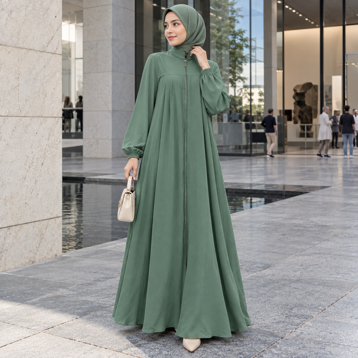 ZOALIN - Zip-Front Abaya - Sage Green - lifestyle
