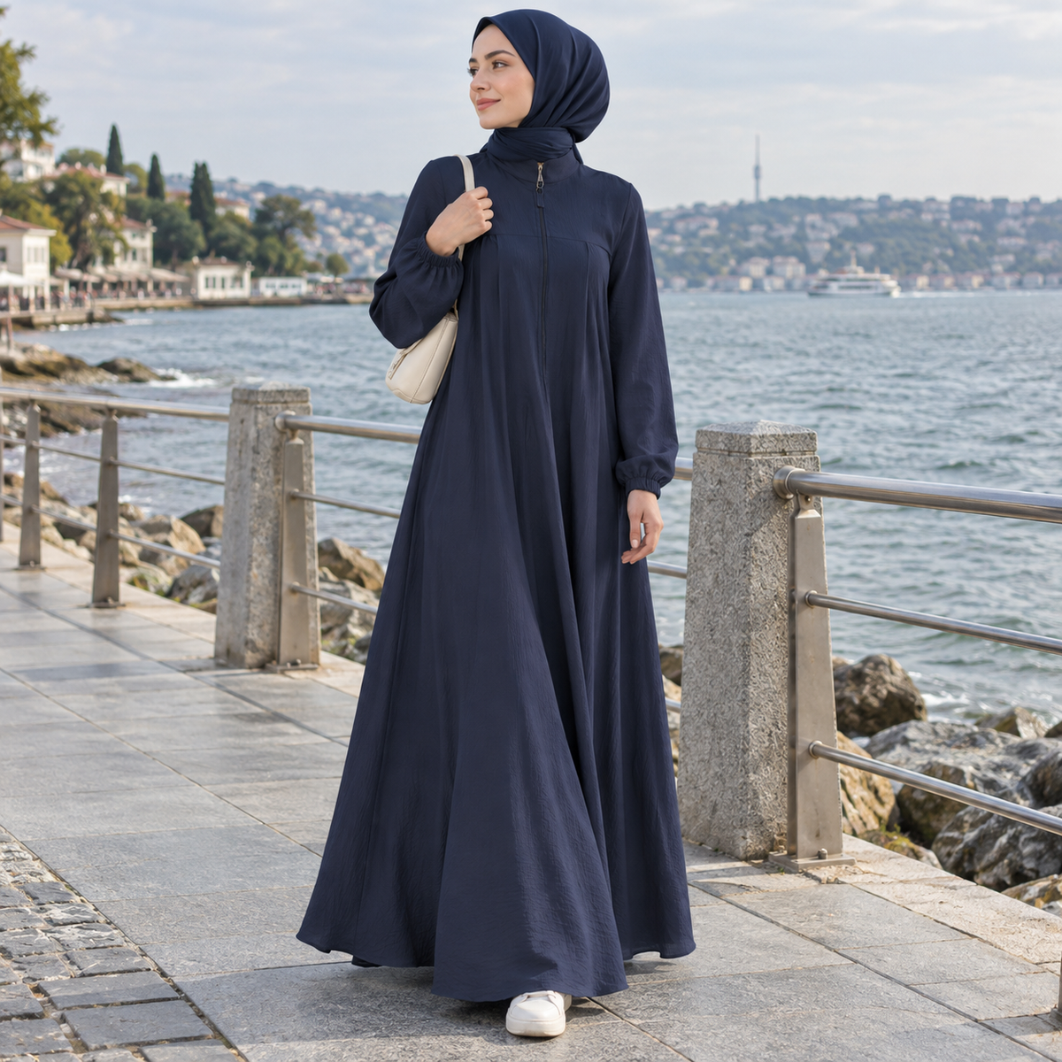 ZOALIN - Zip-Front Abaya - Navy - lifestyle