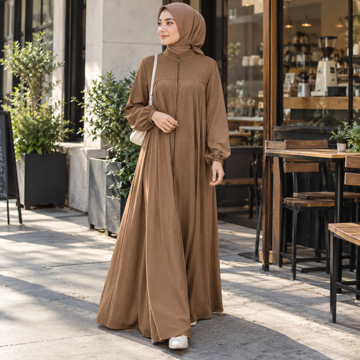 ZOALIN - Zip-Front Abaya - Brown - lifestyle