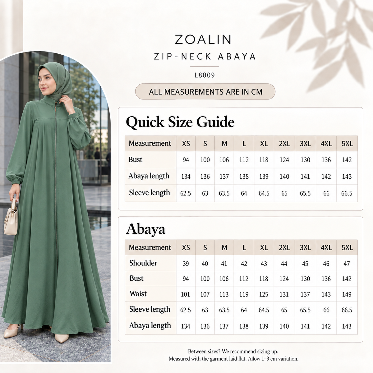 ZOALIN - Zip-Front Abaya - size chart - centimeters