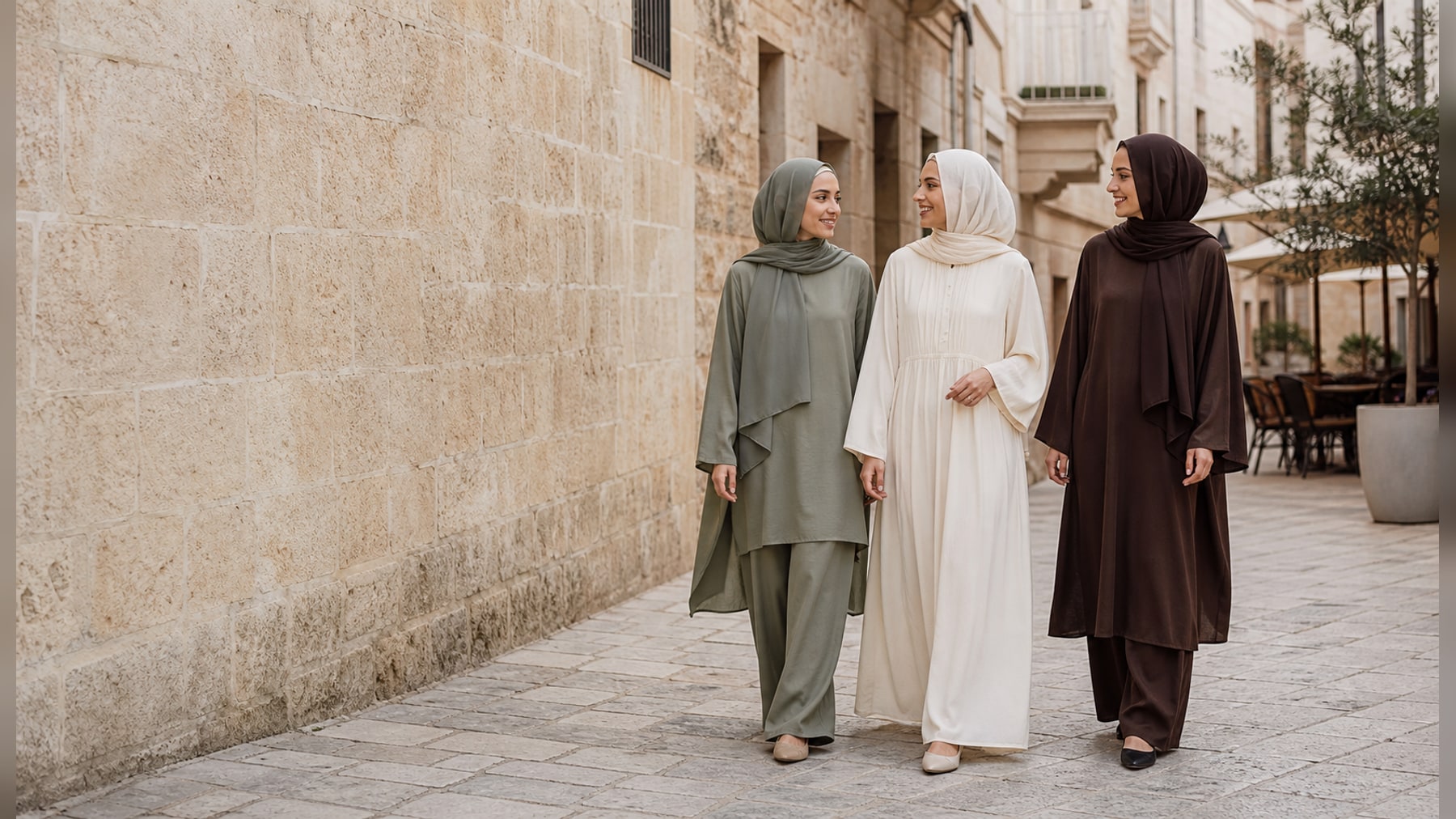 Two women in refined ZOALIN modest dresses outside a quiet boutique
