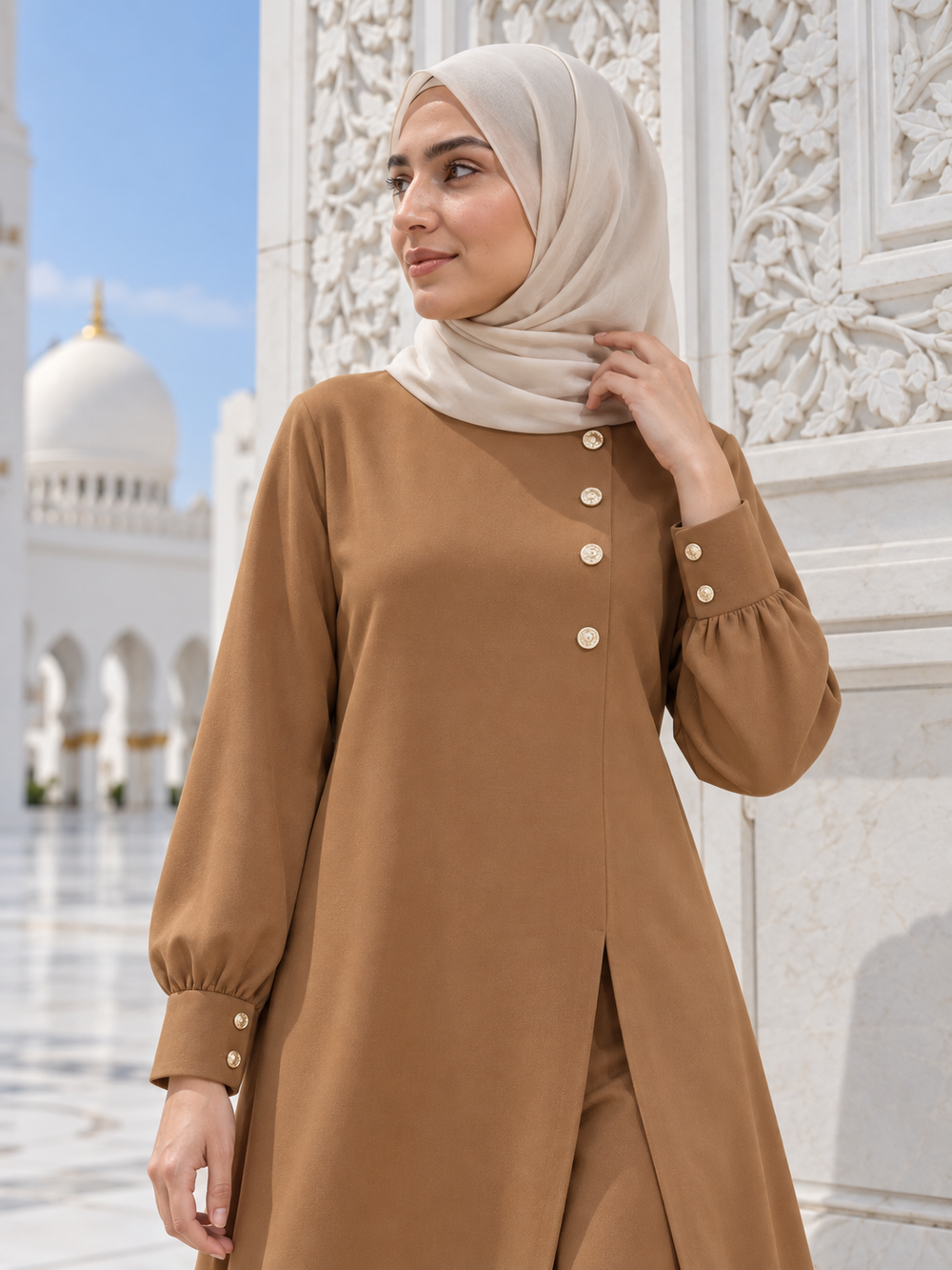 Set Tunik Butang Asimetri dan Seluar — scene styling