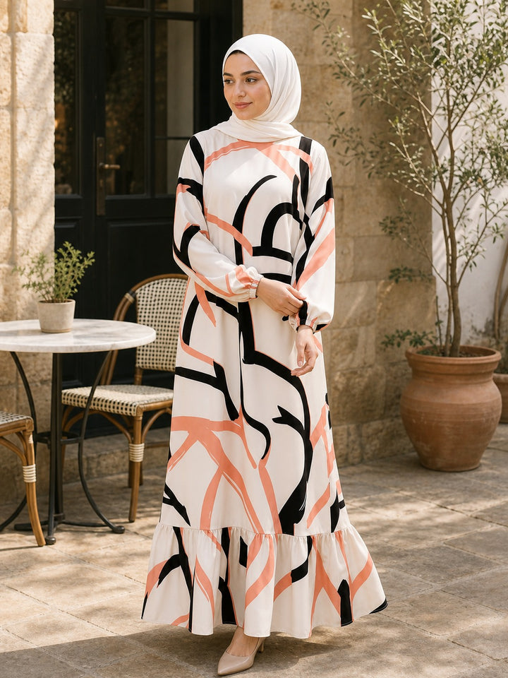 Abstract Print Ruffle-Hem Maxi Dress