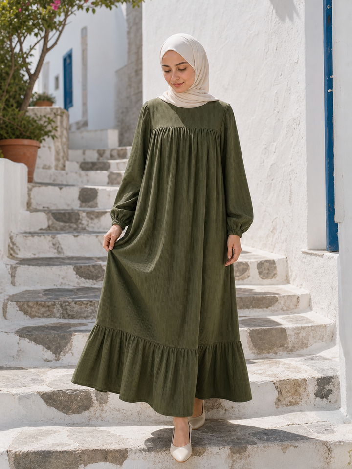 Graceful Gathered Ruffle-Hem Maxi Dress