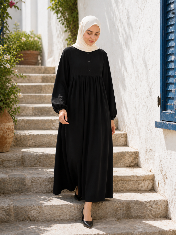 Soft Gathered Abaya Maxi Dress