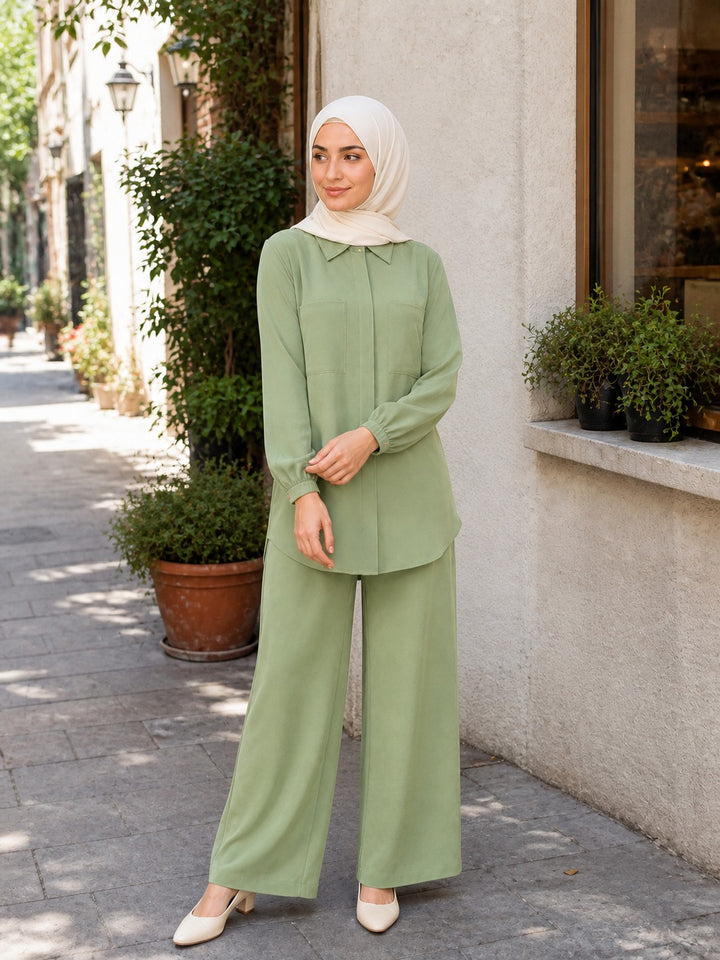 Tailored Collared Tunic & Wide-Leg Pants Set
