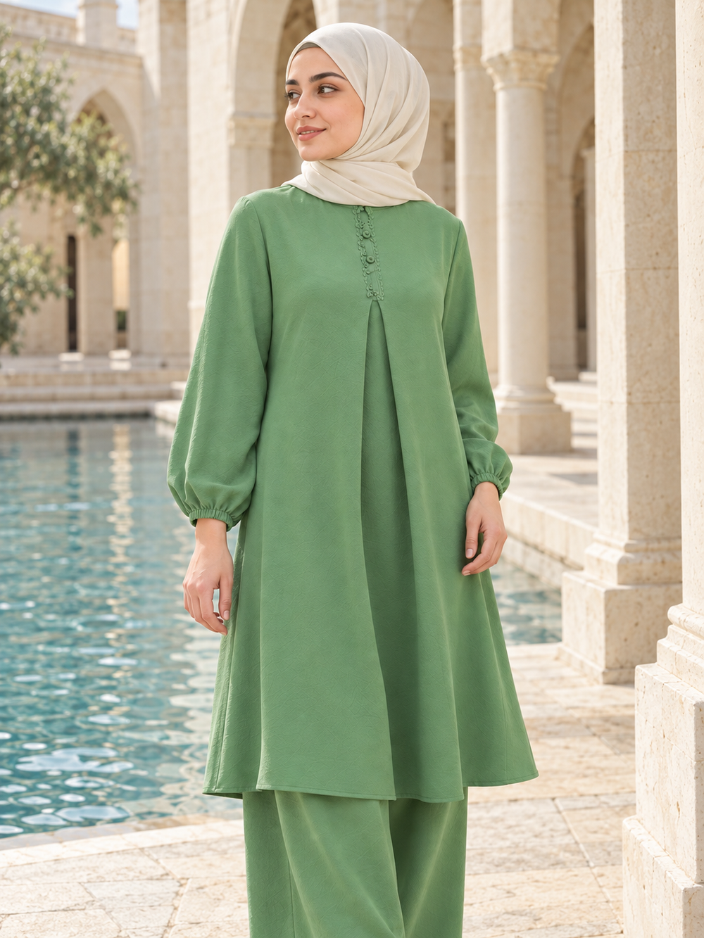 Embroidered Placket Tunic & Pants Set — scene styling