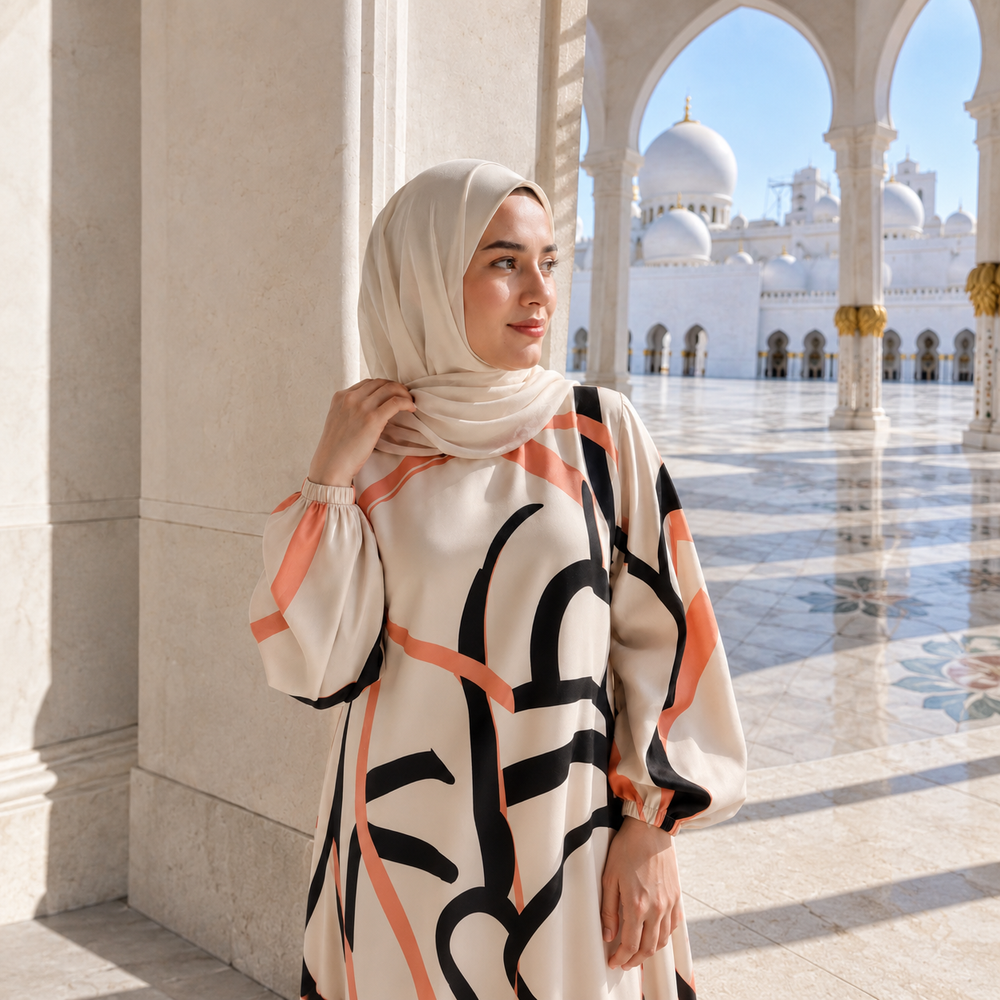 فستان طويل بنقشة تجريدية — scene styling