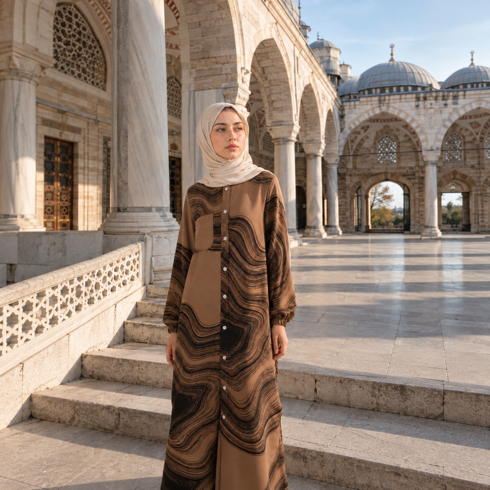 Completo con tunica stampata — scene styling