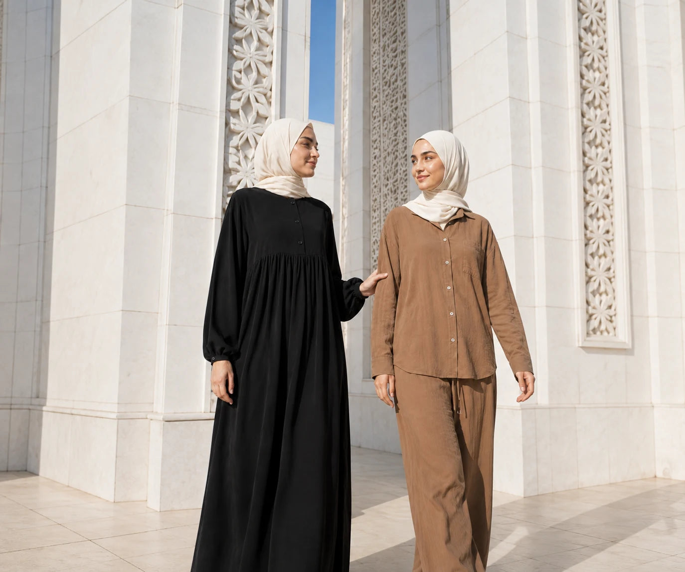 ZOALIN modest fashion beside sunlit white stone architecture